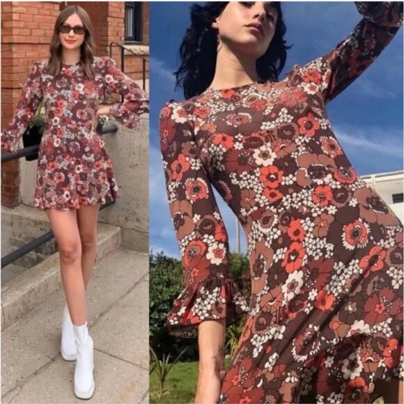 Realisation Par Mary Jane Silk Mini Dress Women's Sz Small Shrooms Retro Floral - Picture 1 of 8